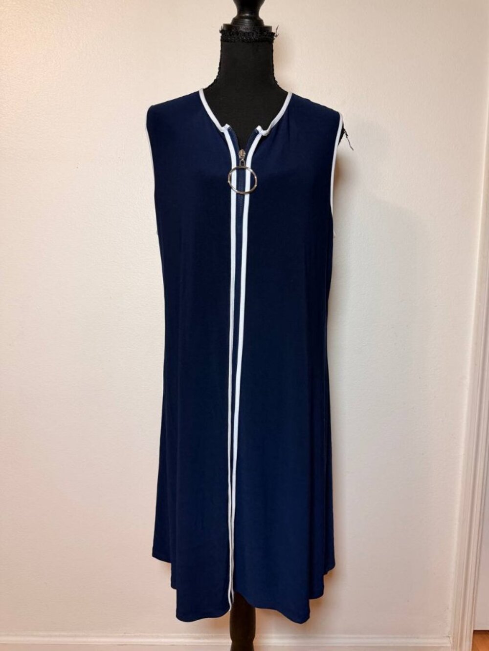 Everlily Navy White Piped Zip Front Shift Dress Nautical Preppy 60s Mod XL